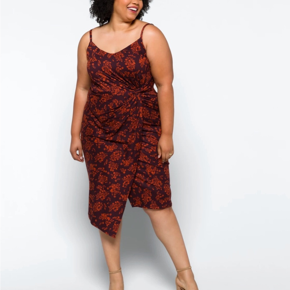 nine britton Black Asymmetrical Slip Dress with Rust Floral Print - Picture 9 of 10